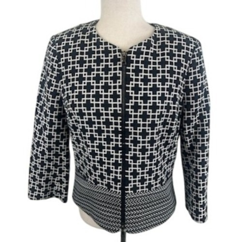 BLACK Saks‎ Fifth Avenue Blazer Jacket Black White Geometric Lined Career Size 8